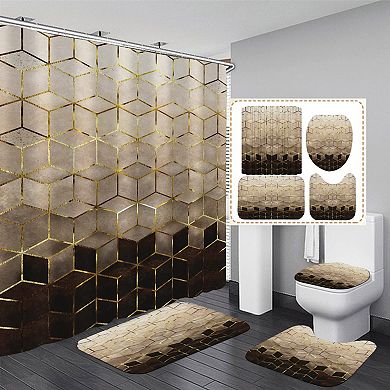 4Pcs Brown Gradient Shower Curtain Set with Mats: Geometric Design, Waterproof, Easy Install