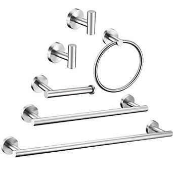 6 pc Brushed Nickel Bathroom Hardware Set: Towel Bars, Hooks, Ring, Toilet Paper Holder