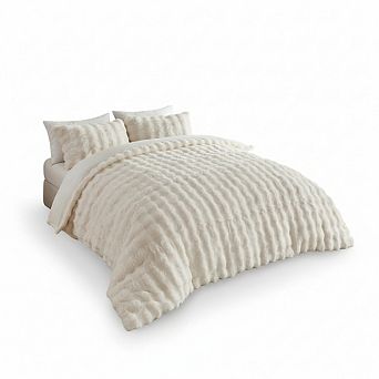 Cream White Faux Fur Duvet Cover, Full Size 3 pc Plush Fuzzy Bedding Set