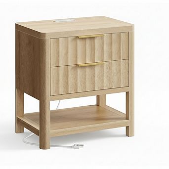 ZUQIETA 27.6" Fluted Nightstand Set of 2 with Charger Station, 2 Drawers & Shelf, Natural