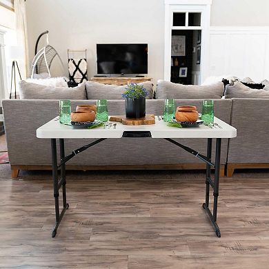 4-Foot Adjustable Folding Table: Almond Color, UV-Protected HDPE, Powder Coated Steel