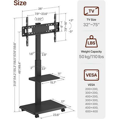 ZUQIETA Pro Mobile TV Stand - Full Tilt/Swivel/Level & Hidden Cable Management for 32-75” TVs