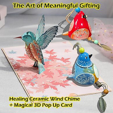 Handmade Ceramic Wind Chime Gift Set with 3D Pop Up Card: Memorial Chimes for Outdoor/Indoor Decor