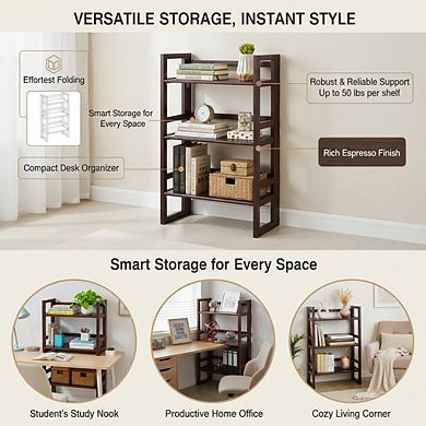 ZUQIETA Student Folding Bookcase - 3-Shelf Compact Desk Organizer, 20.75" Wide, Espresso