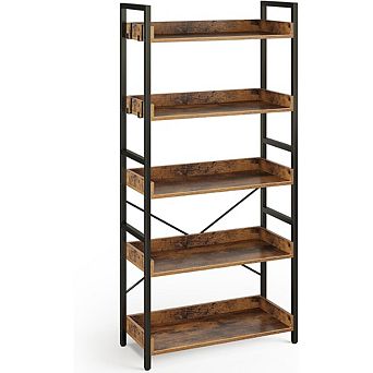 ZUQIETA Industrial 5 tier Bookshelf - Vintage Wood Storage Rack with 4 Hooks, Rustic Brown
