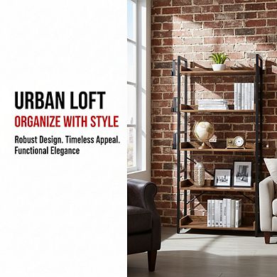 ZUQIETA Industrial 5-Tier Bookshelf - Vintage Wood Storage Rack with 4 Hooks, Rustic Brown