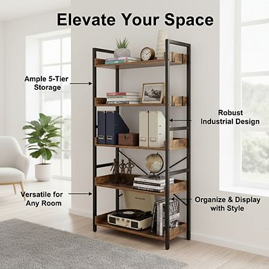 ZUQIETA Industrial 5-Tier Bookshelf - Vintage Wood Storage Rack with 4 Hooks, Rustic Brown