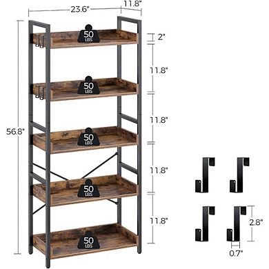 ZUQIETA Industrial 5-Tier Bookshelf - Vintage Wood Storage Rack with 4 Hooks, Rustic Brown