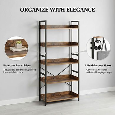 ZUQIETA Industrial 5-Tier Bookshelf - Vintage Wood Storage Rack with 4 Hooks, Rustic Brown