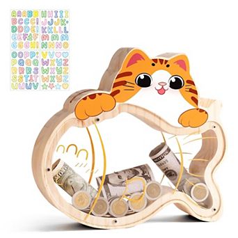 Wooden animal Piggy Bank with Stickers: Perfect for Kids, DIY Fun, & Home Decor