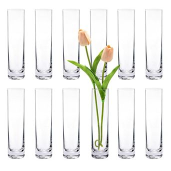 Set of 12 Clear Glass Cylinder Vases for Home Decor: Slim, Handmade, Perfect for Single Roses