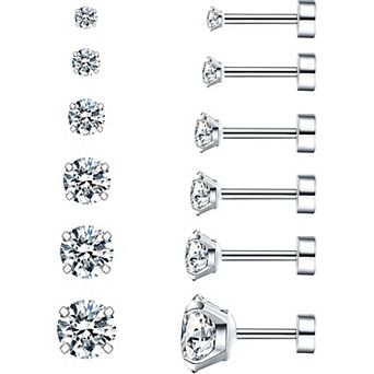 ZUQIETA 6-Pair Hypoallergenic Studs - Surgical Steel Flat Back Earrings for Cartilage