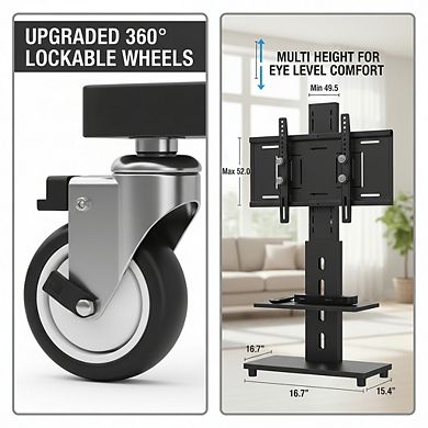 ZUQIETA Mobile TV Stand with Wood Base - Rolling Cart for 32-60” TVs, Height Adjustable