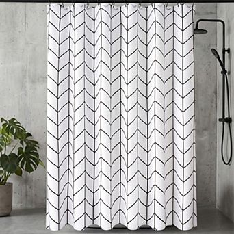 V Stripe Shower Curtain Sets, Waterproof Fabric Bath Curtain with 12 Hooks, Minimalist Modern Style