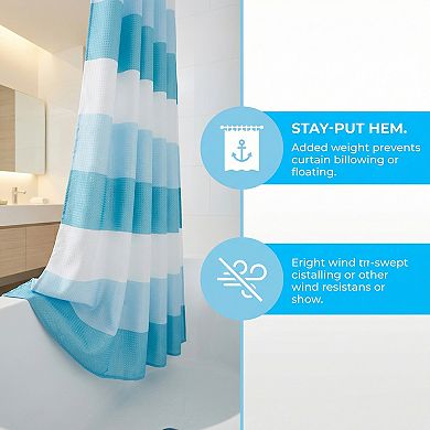 Waffle Stripe Shower Curtain Set, Waterproof Textured Fabric Bath Curtain with 12 Hooks for Bathroom