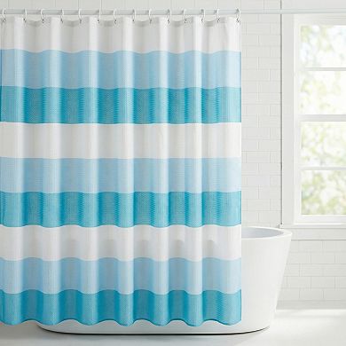 Waffle Stripe Shower Curtain Set, Waterproof Textured Fabric Bath Curtain with 12 Hooks for Bathroom