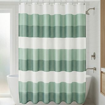 Waffle Stripe Shower Curtain Set, Waterproof Textured Fabric Bath Curtain with 12 Hooks for Bathroom
