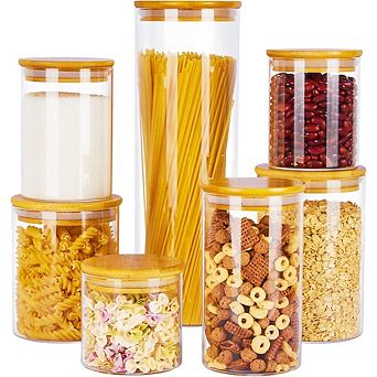 7 pc Glass Food Storage Jars with Airtight 100% Bamboo Lids for Pantry Organization