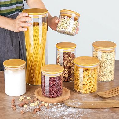 7-Piece Glass Food Storage Jars with Airtight 100% Bamboo Lids for Pantry Organization