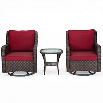 360° Outdoor Swivel Rocking Chairs, 3 pc Outdoor Rattan Set with Thick Cushions & Glass Table