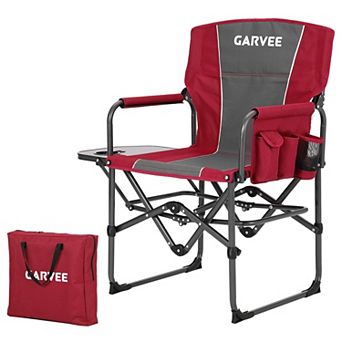 Folding Camping Chairs, Portable Lawn Chair w/Side Table, Side Pocket & Beverage Holder