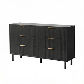 Fluted 6 Drawer Dresser, w/Metal Handles and Legs, Wooden Dresser TV Stand,Clothes Storage Cabinet
