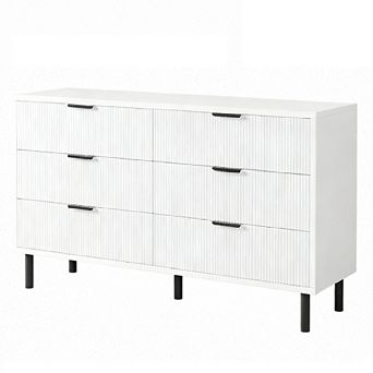 Fluted 6 Drawer Dresser, w/Metal Handles and Legs, Wooden Dresser TV Stand,Clothes Storage Cabinet