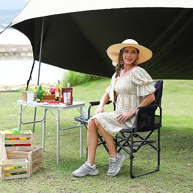 Folding Camping Director Chair for Adults, Portable Lawn Chair w/Side Table, Pocket & Cup Holder