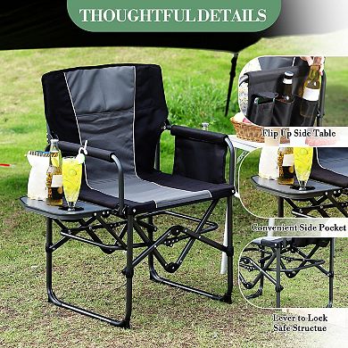 Folding Camping Director Chair for Adults, Portable Lawn Chair w/Side Table, Pocket & Cup Holder