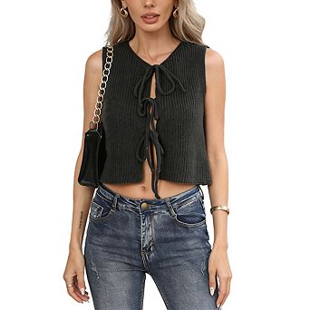 Women's Ribbed Knit Sleeveless Vest Crop Top Front Tie Detail Casual Knit Cardigan