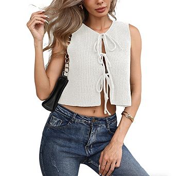 Women's Ribbed Knit Sleeveless Vest Crop Top Front Tie Detail Casual Knit Cardigan