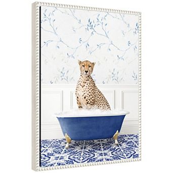 Sylvie Cheetah in Eclectic Blue Bath Framed Canvas by Amy Peterson