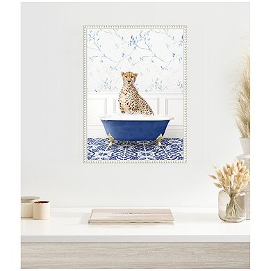 Sylvie Cheetah in Eclectic Blue Bath Framed Canvas by Amy Peterson