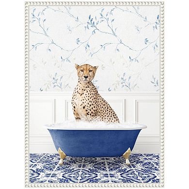 Sylvie Cheetah in Eclectic Blue Bath Framed Canvas by Amy Peterson