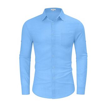 Men's Linen Shirts Button Down Long Sleeve Solid Spread Collar with Pocket