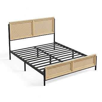 Bed Frame Complete with a Rattan Headboard and Footboard, Boho Queen Mattress Frame,Wooden Bedframe