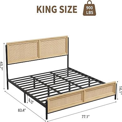 Bed Frame Complete with a Rattan Headboard and Footboard, Boho Queen Mattress Frame,Wooden Bedframe