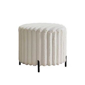 Beige Upholstered Round Pouf Ottoman Foot Rest with Black Metal Legs, Faux Fur, 22.05" Wide