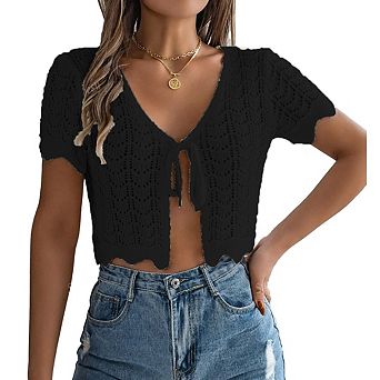 Women's Summer Short Sleeve Shrug Tie Front Open Knit Cropped Cardigan Lightweight Bolero Cover Up