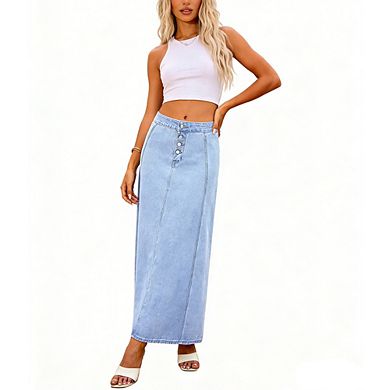 Women's Denim Maxi Skirt A Line Button Front High Waisted Casual Flowy Swing Hem Long Denim Skirt