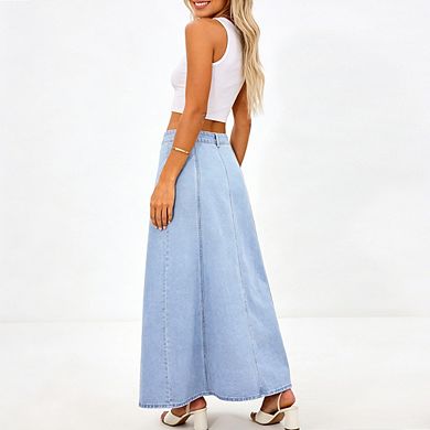 Women's Denim Maxi Skirt A Line Button Front High Waisted Casual Flowy Swing Hem Long Denim Skirt