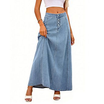 Women's Denim Maxi Skirt A Line Button Front High Waisted Casual Flowy Swing Hem Long Denim Skirt