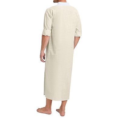 Men's Long Sleeve Robe Button Down Casual Side Split Gown Shirt Tops