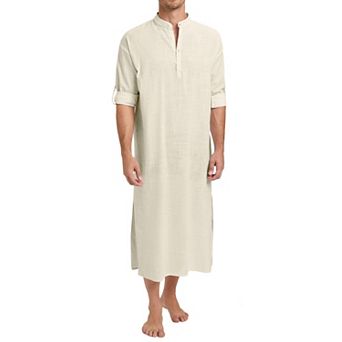 Men's Long Sleeve Robe Button Down Casual Side Split Gown Shirt Tops