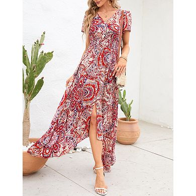 Women's V Neck Flutter Sleeve Print Split Hem Flowy Casual Dress