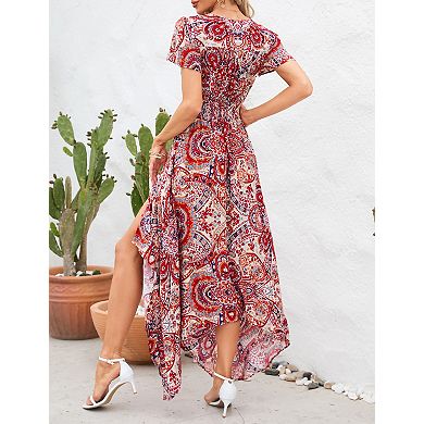 Women's V Neck Flutter Sleeve Print Split Hem Flowy Casual Dress