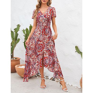 Women's V Neck Flutter Sleeve Print Split Hem Flowy Casual Dress