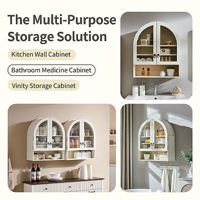 Arched Wall Cabinet, Large Wood Bathroom Medicine Cabinet Wall Mounted Cupboard, Adjustable Shelf