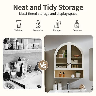 Arched Wall Cabinet, Large Wood Bathroom Medicine Cabinet Wall Mounted Cupboard, Adjustable Shelf
