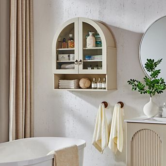 Arched Wall Cabinet, Large Wood Bathroom Medicine Cabinet Wall Mounted Cupboard, Adjustable Shelf